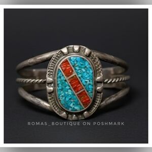 Vintage Navajo Sterling Silver Cuff Bracelet W Spiny Oyster And Turquoise Inlay